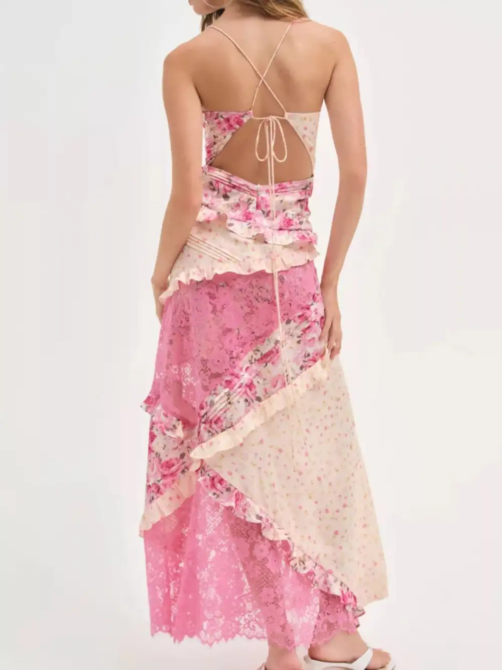 Floral Lace V Neck Maxi Dress