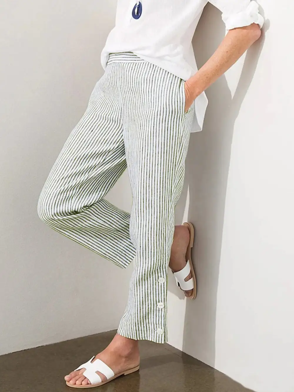 Striped Button Detail Pocketed Casual Pants