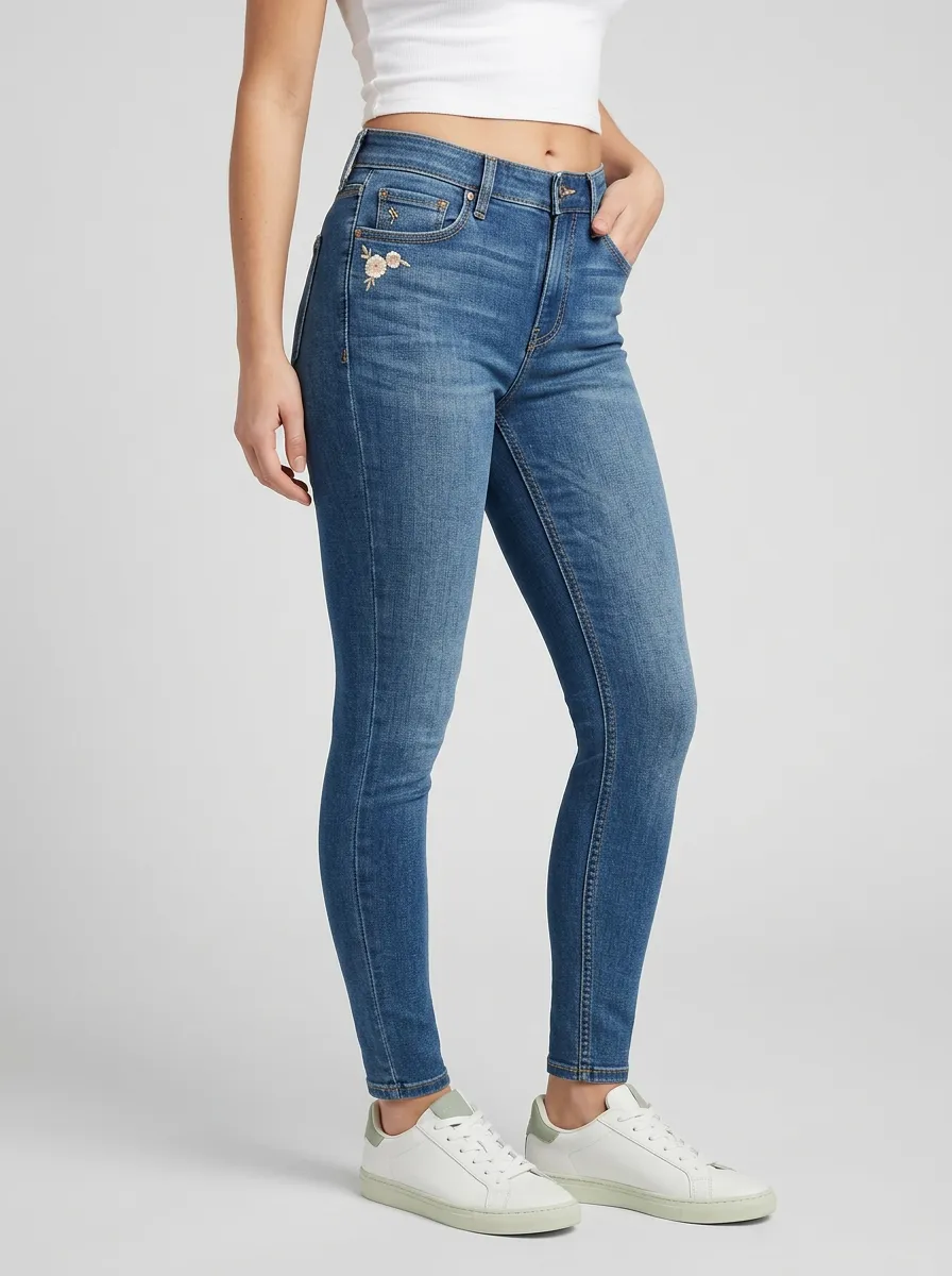Women's Floral Embroidery Pocket Printed Slim-Fit Jeans