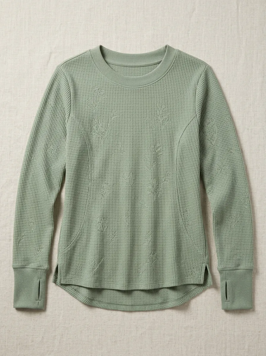 Women's Sage Green Floral Waffle Knit Thumbhole Printed Top