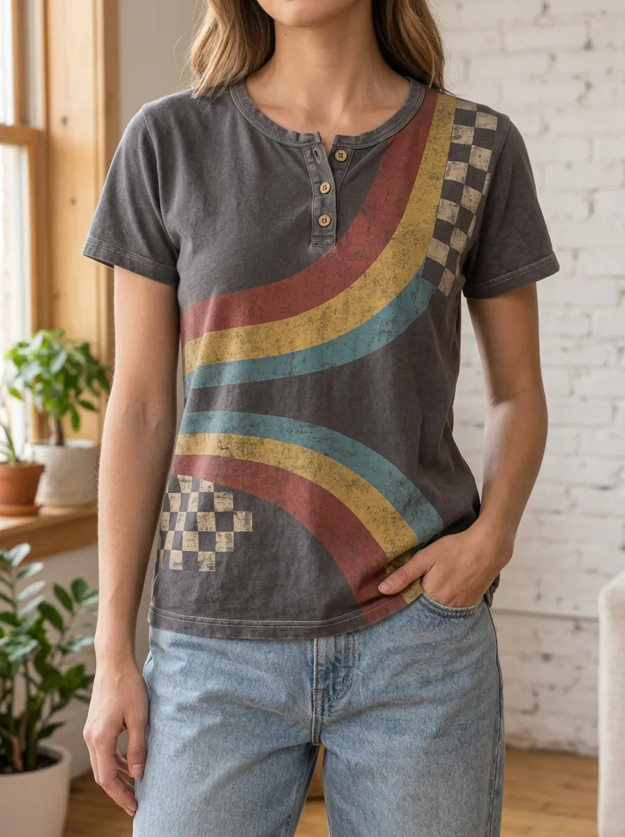 Women's Retro Racing Checkerboard Stripe Printed Henley T-shirt