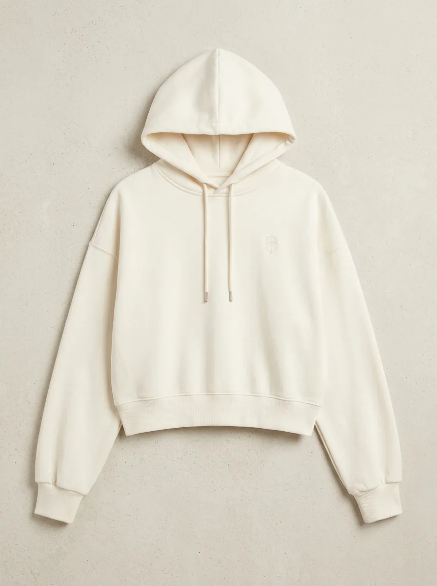 Women's Minimalist Floral Embroidered Cream Cropped Hoodie