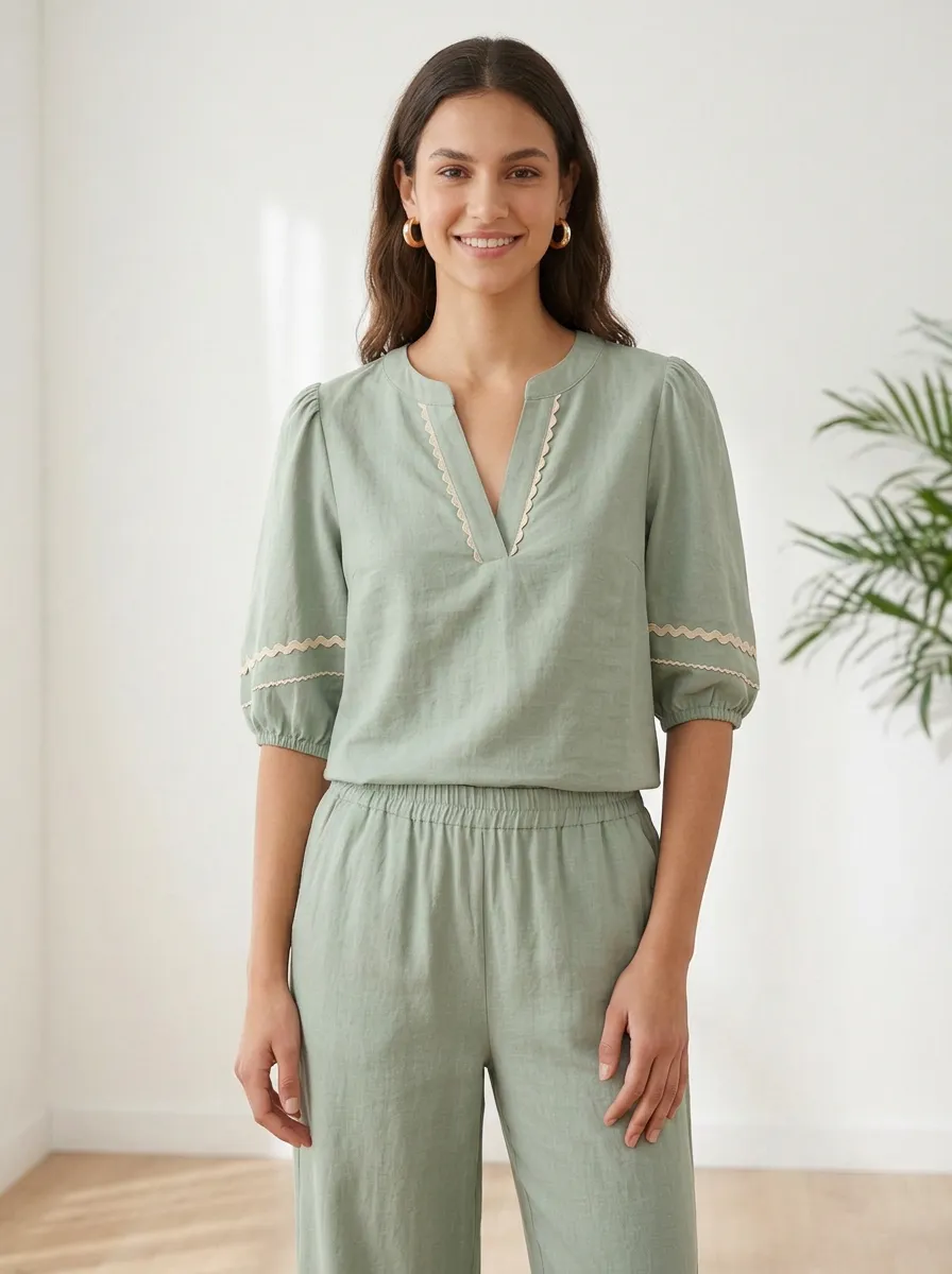 Short-Sleeve Embroidered Women's V-Neck Blouse