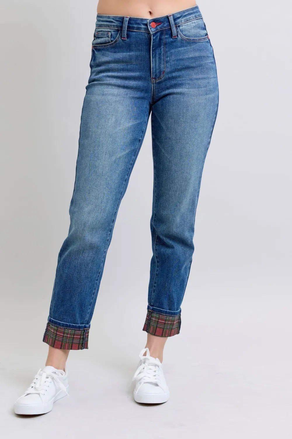 Plaid Print Cuff Straight Leg Pocket Denim Jeans