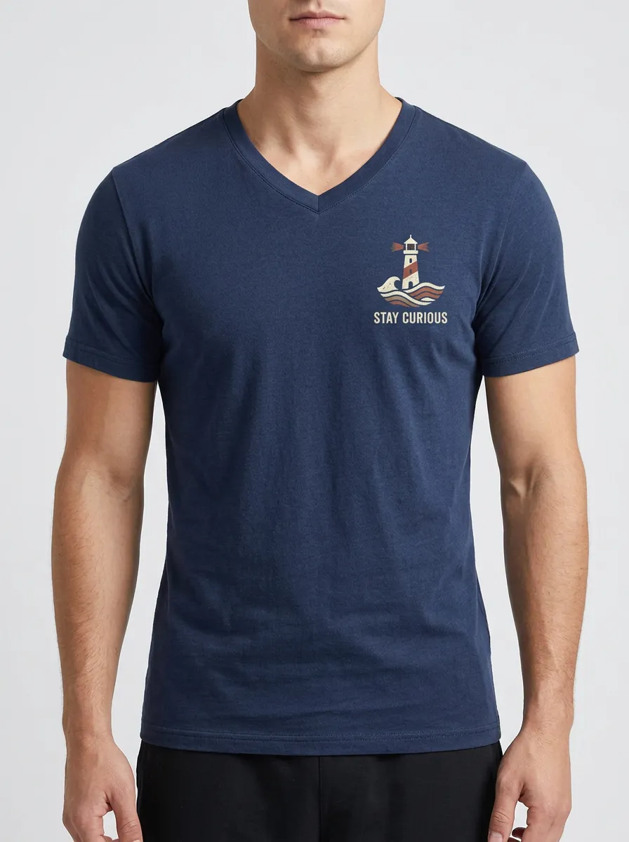 Men's Nautical Adventure Stay Curious Lighthouse Printed V-neck T-shirt