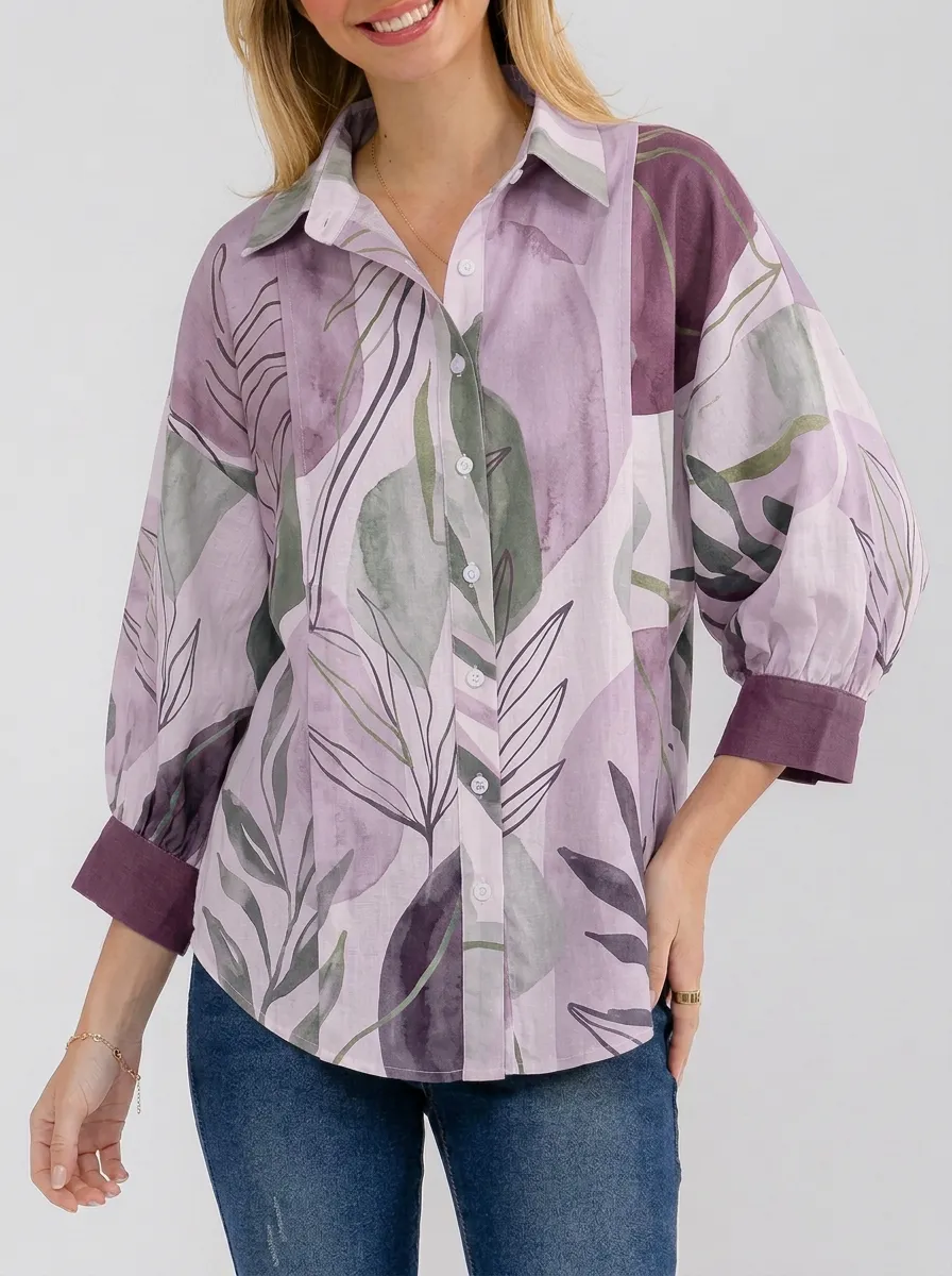 Women's Botanical Abstract Leaf Graphic Button-Down Shirt