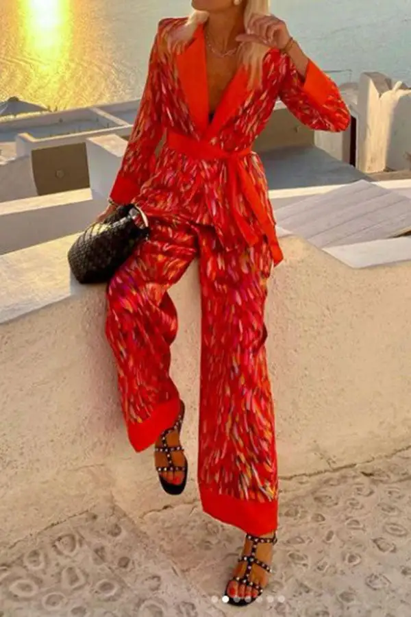 Watercolor Print Lace-Up Notched Lapel Pant Set
