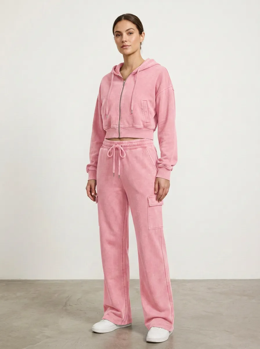 Women's Modern Washed Cargo Detail Vintage Inspired Cropped Hooded Jacket and Flare Pants Active Set
