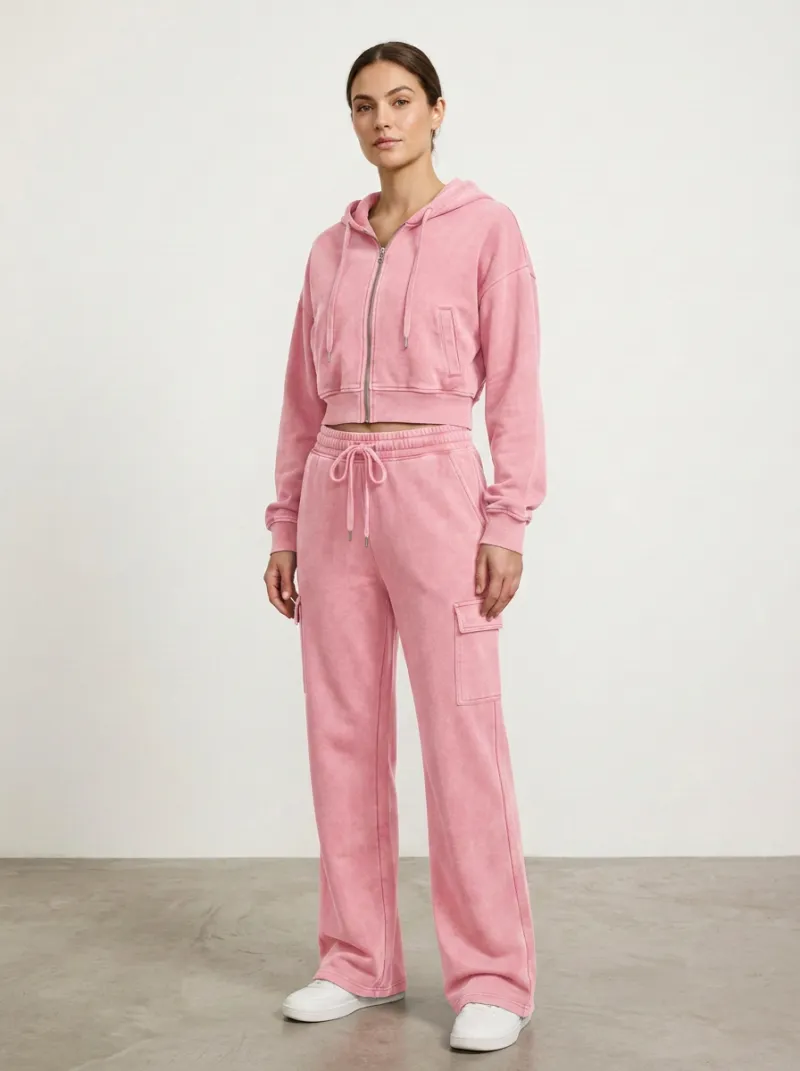 Women's Modern Washed Cargo Detail Vintage Inspired Cropped Hooded Jacket and Flare Pants Active Set