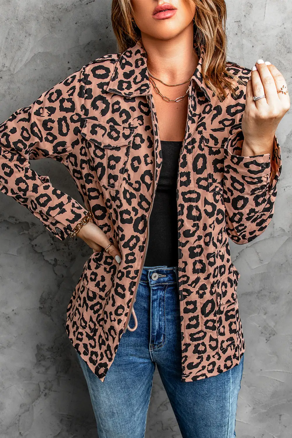 Lapel Collar Zipper Drawstring Leopard Coat Jacket