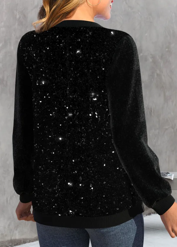Black Sequin Long Sleeve Patchwork Jacket