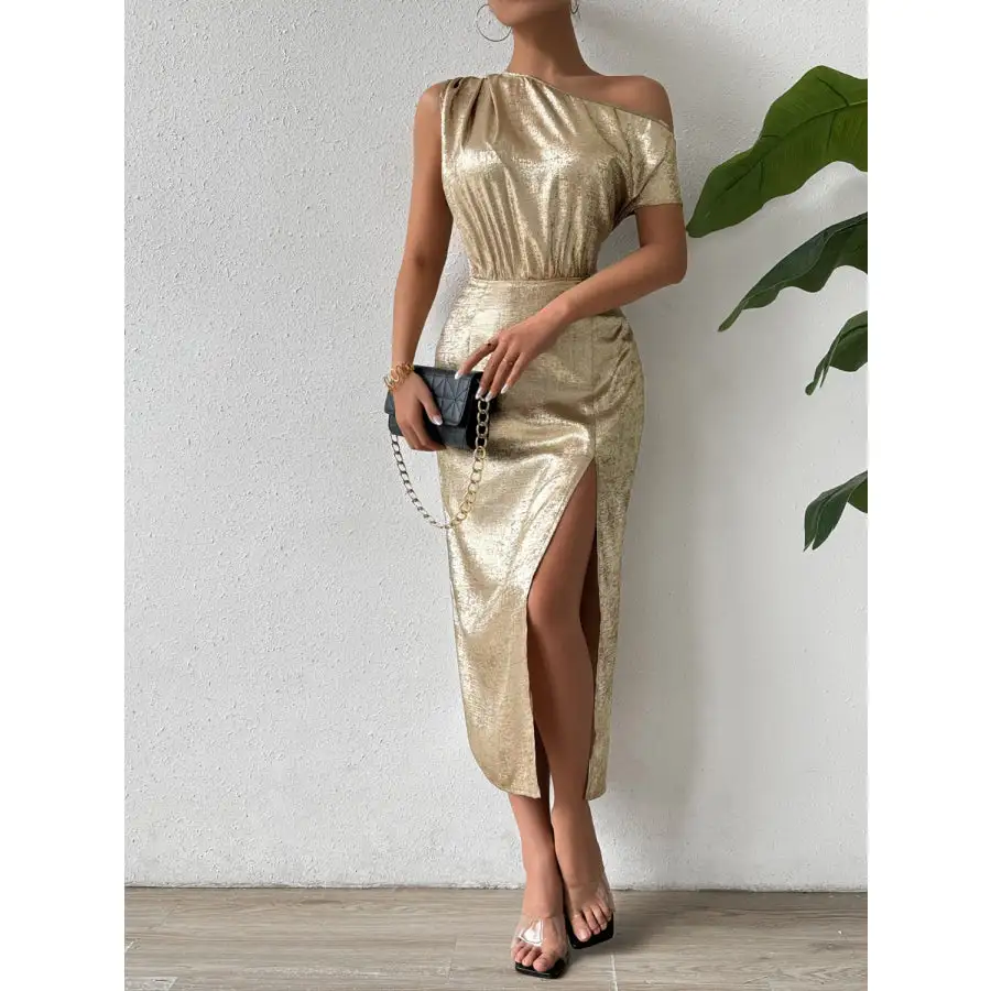 Slit One Shoulder Short Sleeve Midi Dress