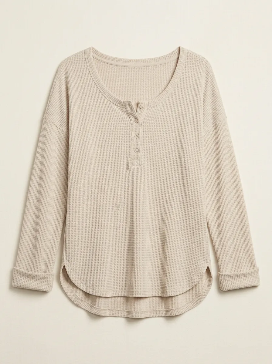 Women's Beige Waffle Knit Button Down Long Sleeve Henley Top