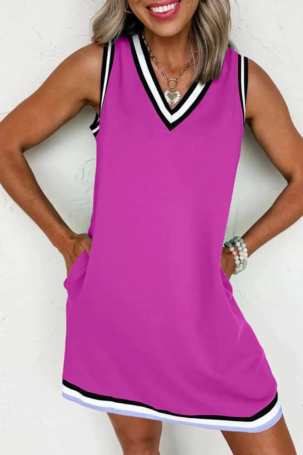 Playful Contrast Trim V-Neck Shift Mini Dress