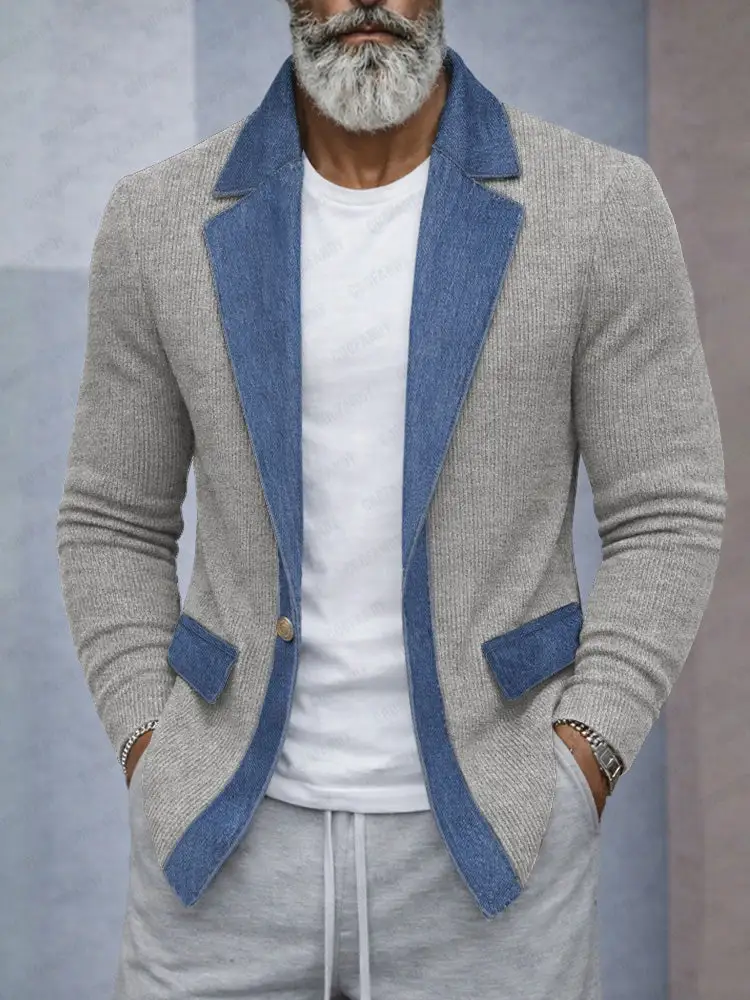 Cool Stylish Contrast Denim Panel Knit Blazer Jacket