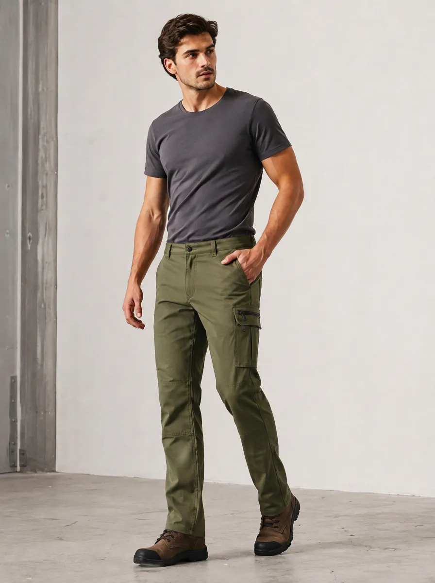 Men's Olive Green Utility Cargo Pants with Regular Fit Detail