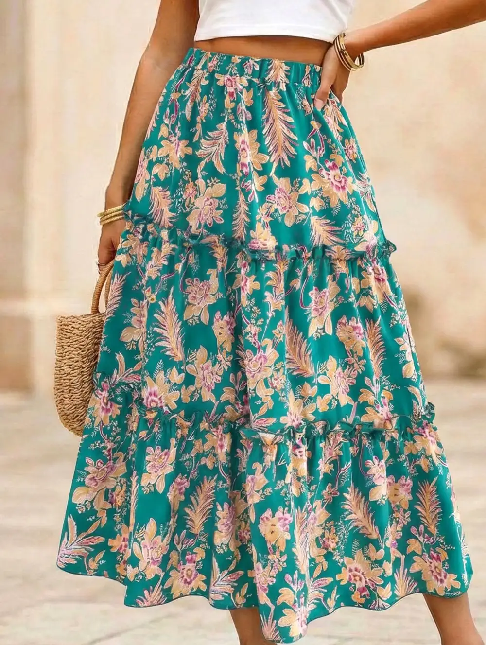Floral Ruffle Midi Skirt