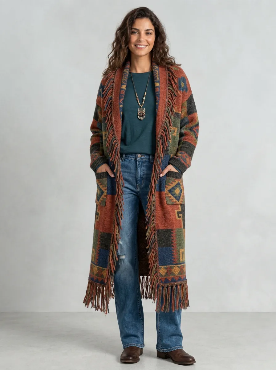 Women's Multi-Color Geometric Pattern Fringe Cardigan