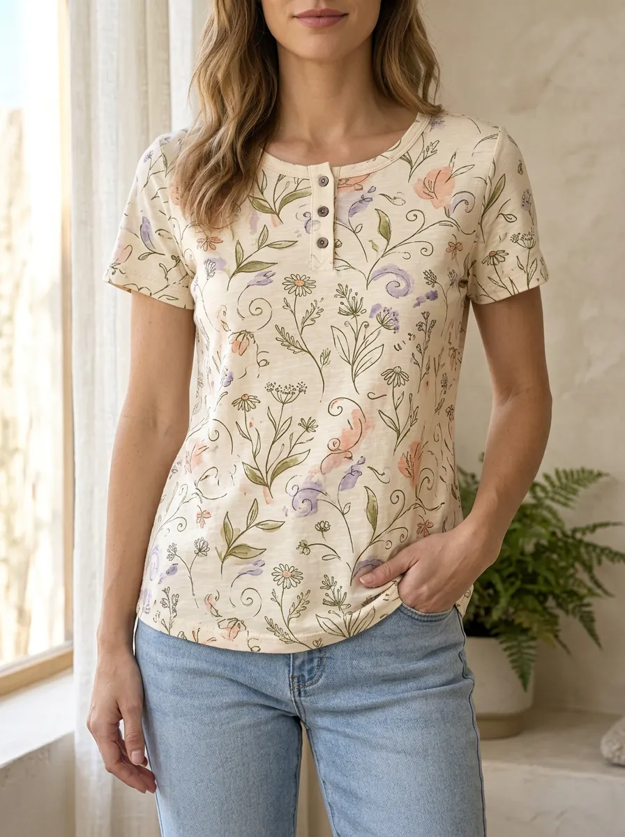 Women's Floral Botanical Printed Henley T-shirt