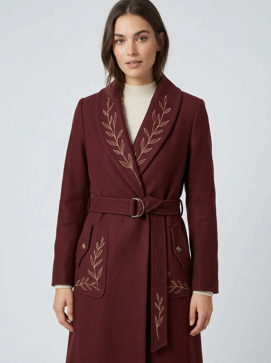 Women's Botanical Leaf Embroidered Belted Coat