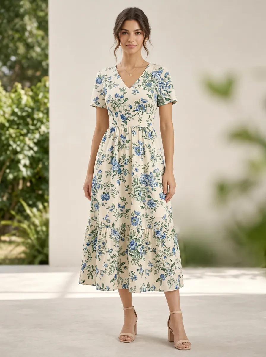 Women's Decorative Pattern Floral V Neck Printed Midi Dress