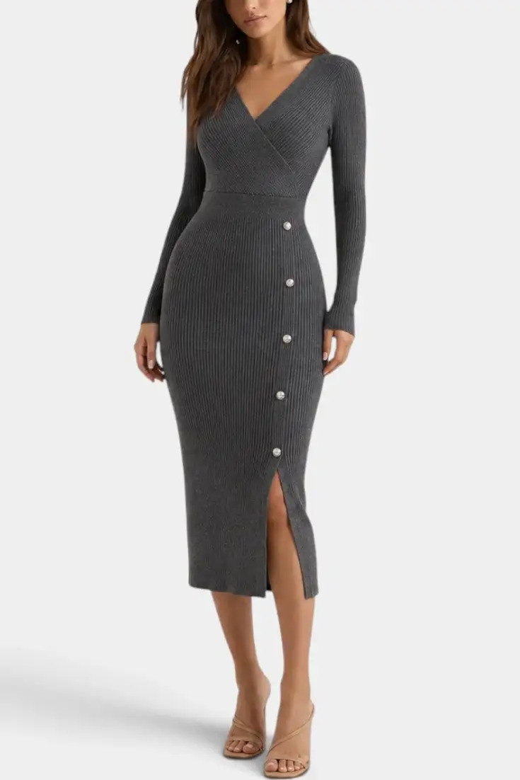 Ribbed-Knit V-Neck Midi Dress
