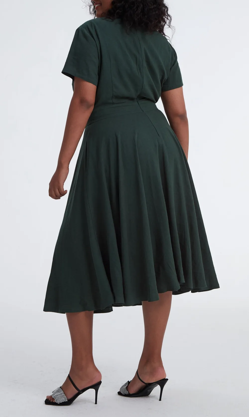 Refined Linen Cotton A Line Swing Boat Neck Midi Dress