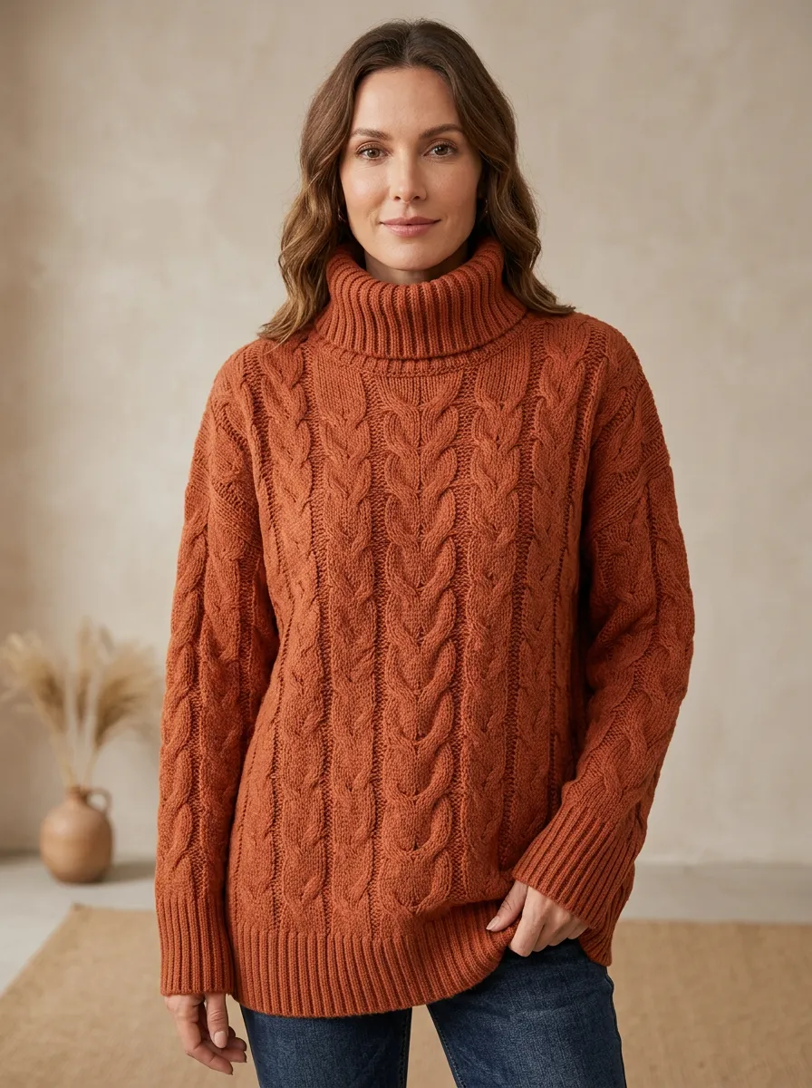 Women's Casual Autumn Style Rust Cable Knit Turtleneck Sweater