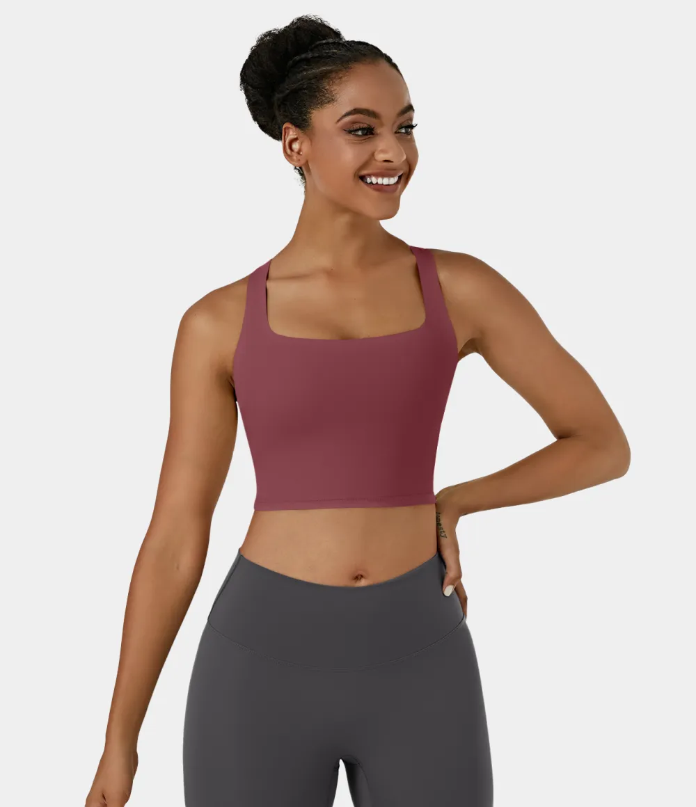 Softlyzero Airy Square Neck Backless Crisscross Cropped Cool Touch Yoga Tank Top-UPF50+