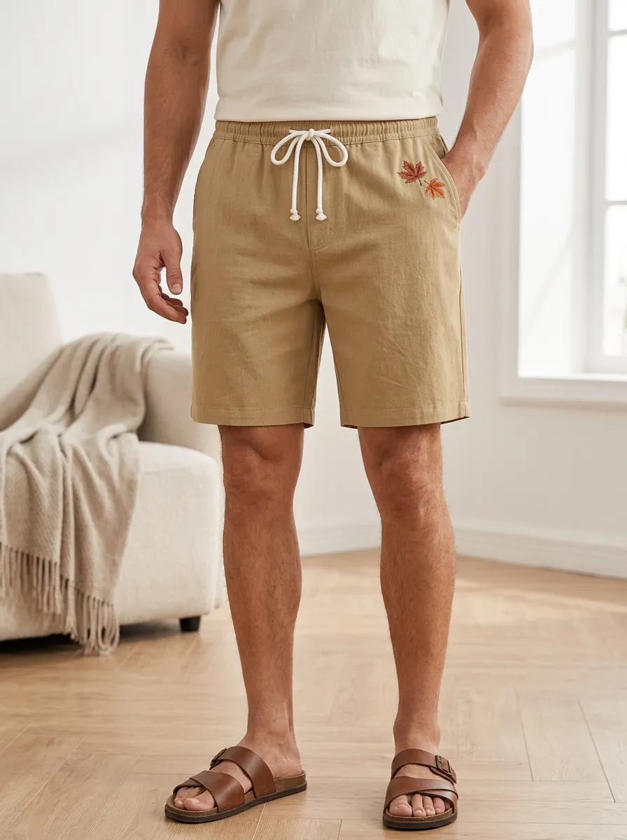 Embroidered Leaf Drawstring Embroidered Shorts