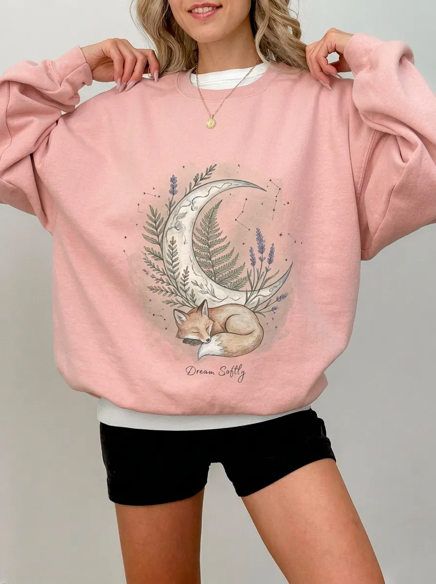 Women's Nature Sleeping Fox Moon Graphic Sweatshirt