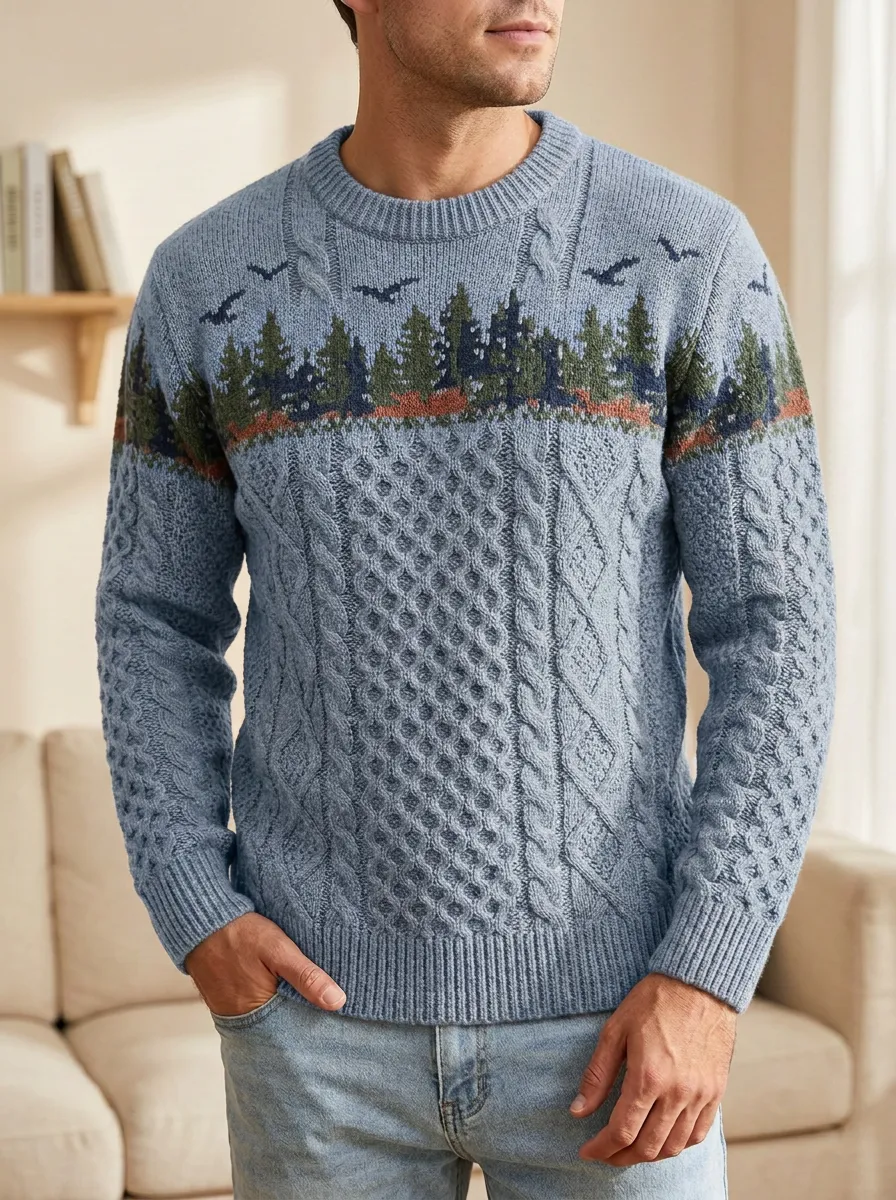 Men's Forest Pine Tree Birds Cable Knit Sweater
