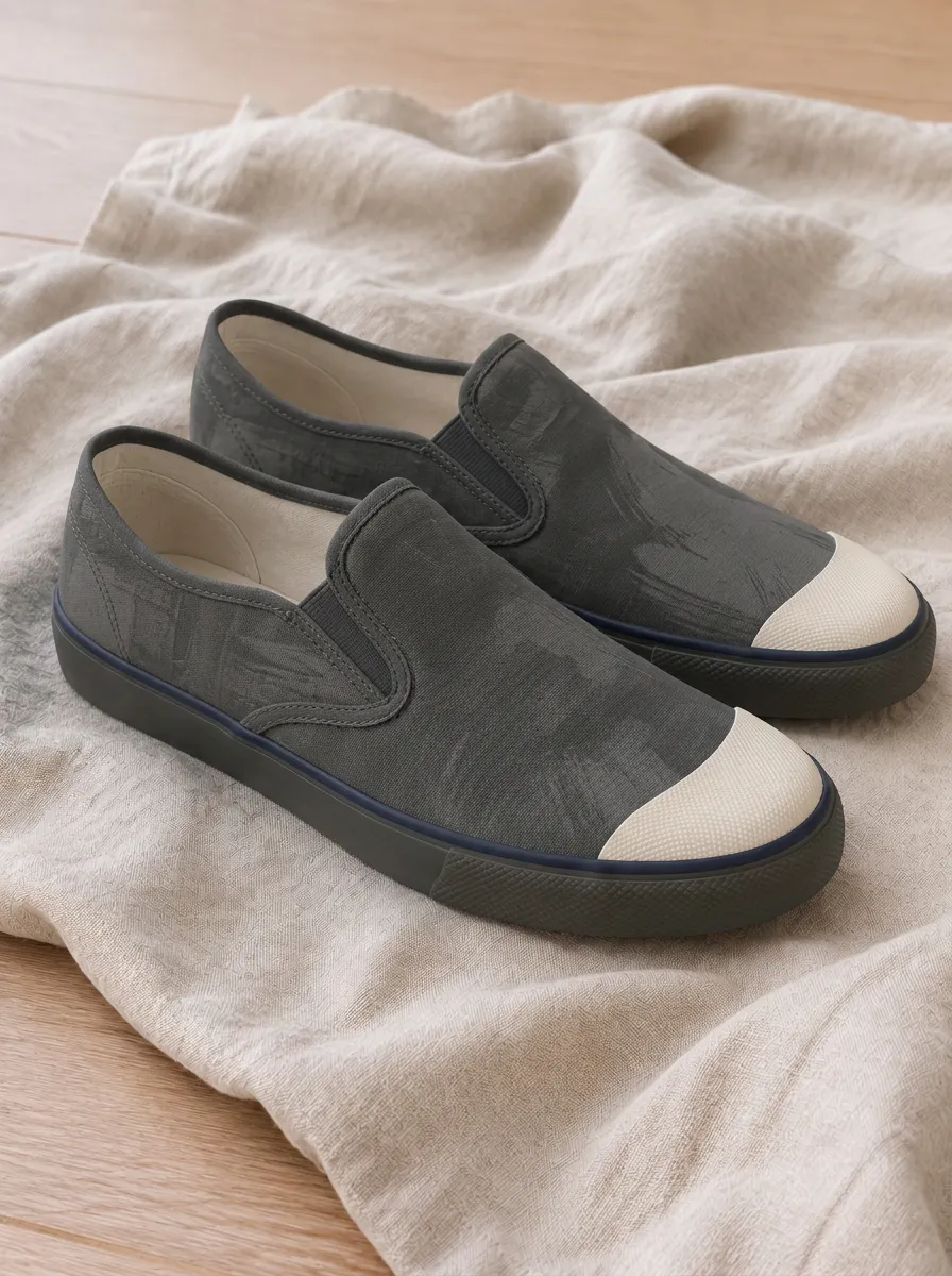 Men's Minimalist Charcoal Brushstroke Printed Canvas Slip-on Shoes