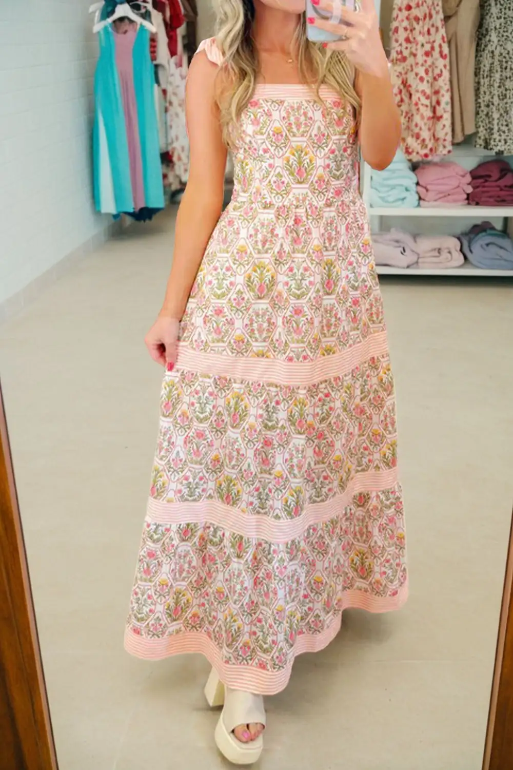 Women's Floral Print Striped Sleeveless Patchwork Dress