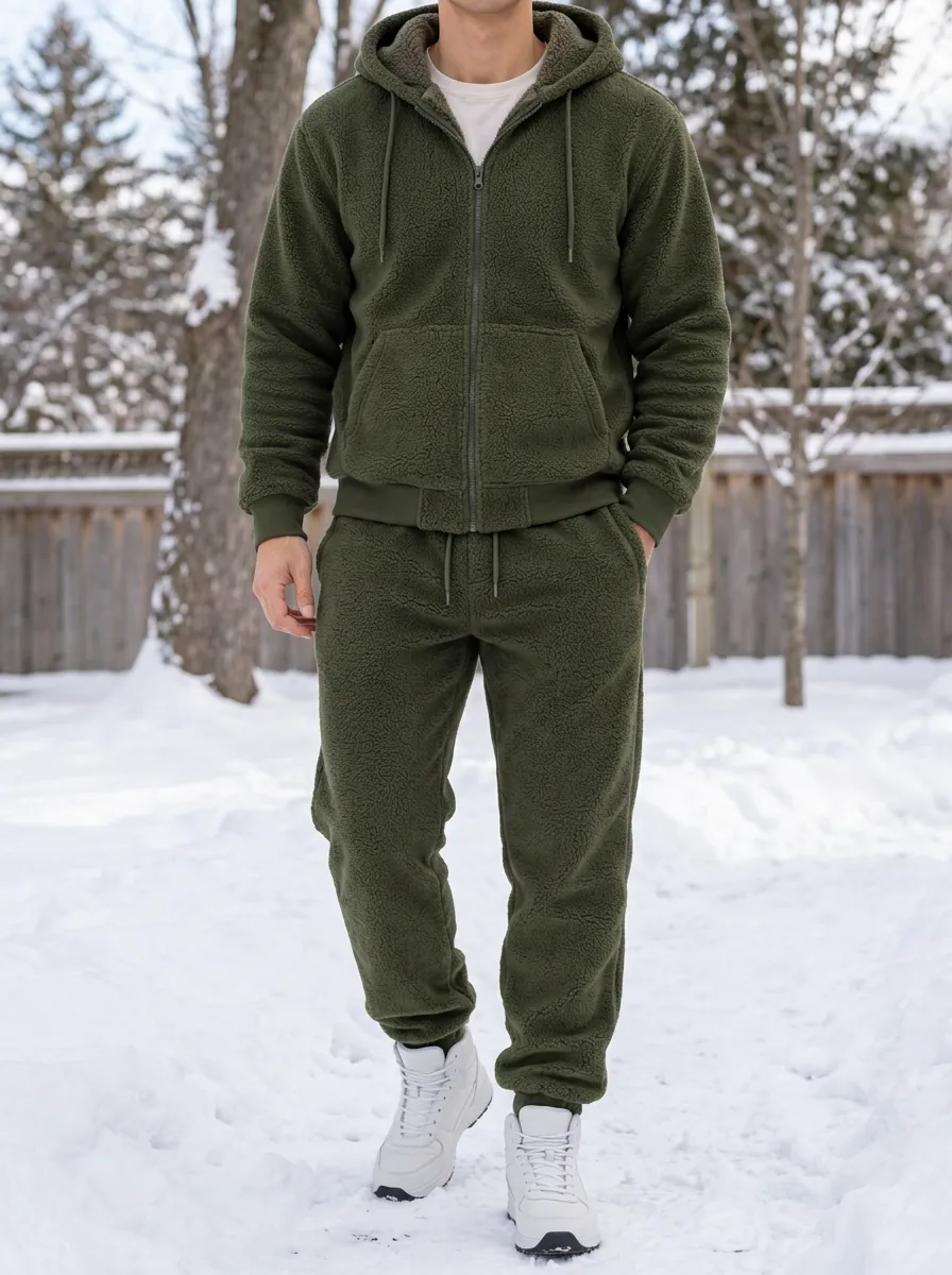 Men's Winter Fleece-Lined Zip-Up Hoodie and Jogger Set with Cuffed Hems
