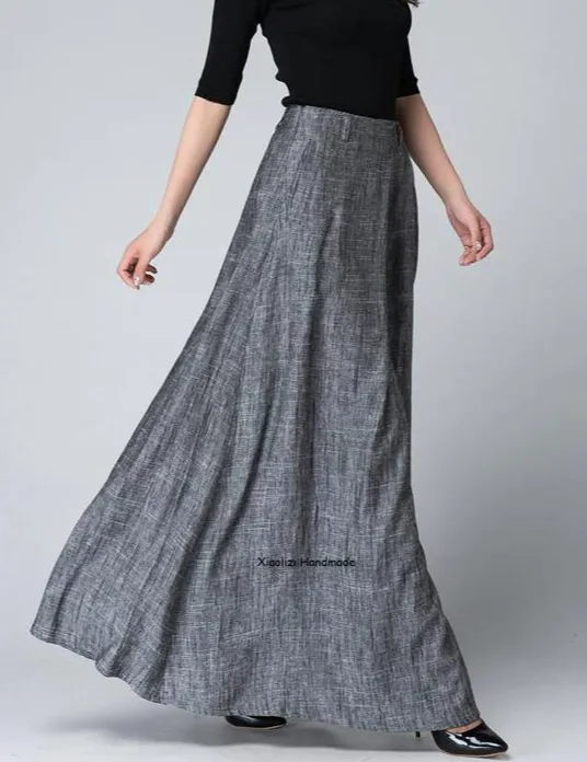 Checkered Linen Cotton Pleated High Waist Maxi Skirt