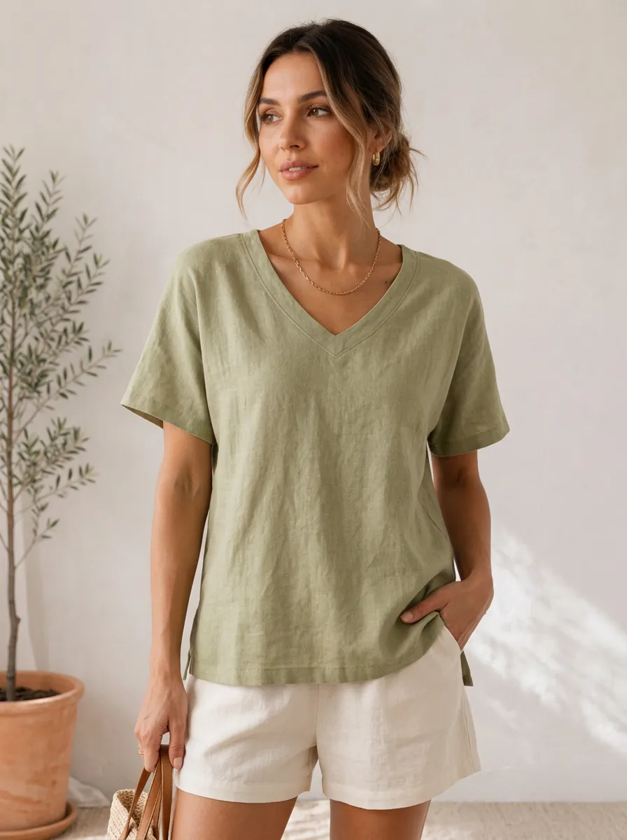 Women's Casual Minimalist Sage Green V-Neck Linen Blend T-Shirt