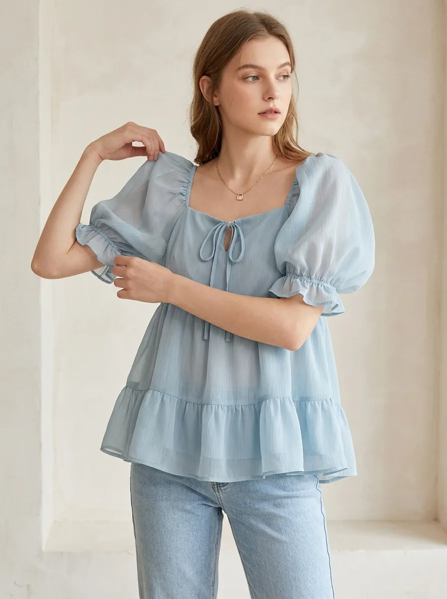 Square-Neck Peplum Women's Puff-Sleeve Blouse