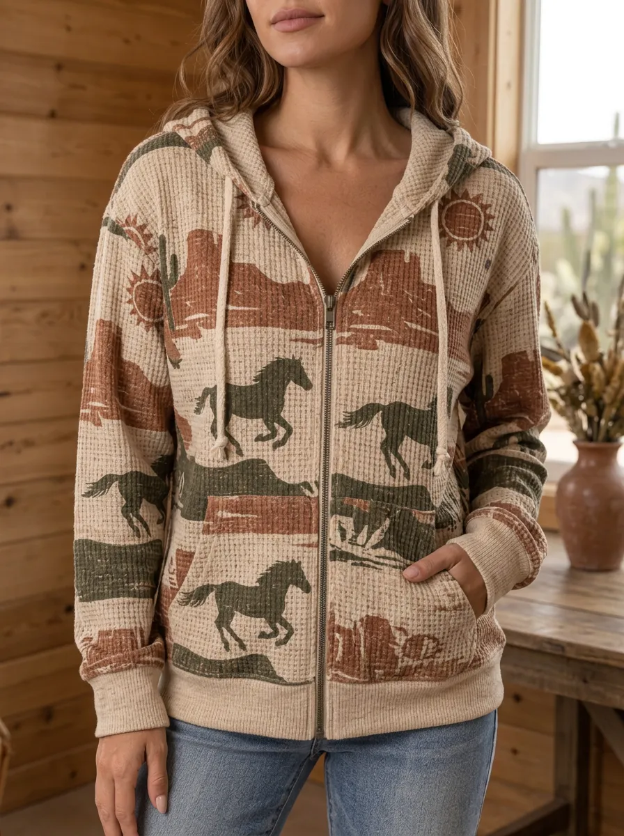 Women's Western Horse Desert Signature Print Waffle Zip-Up Hoodie