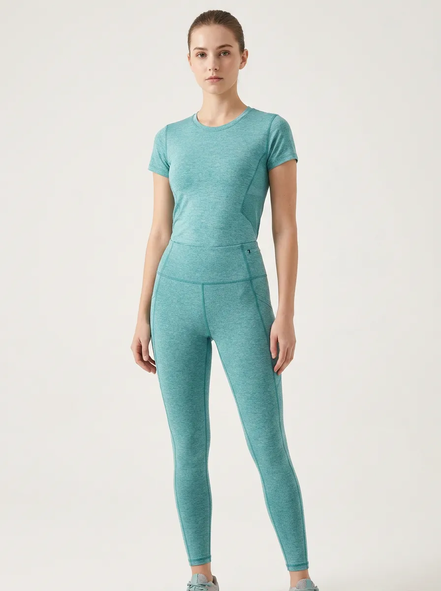 Women's Fitness Teal Heathered Seamless Printed Sportswear Set