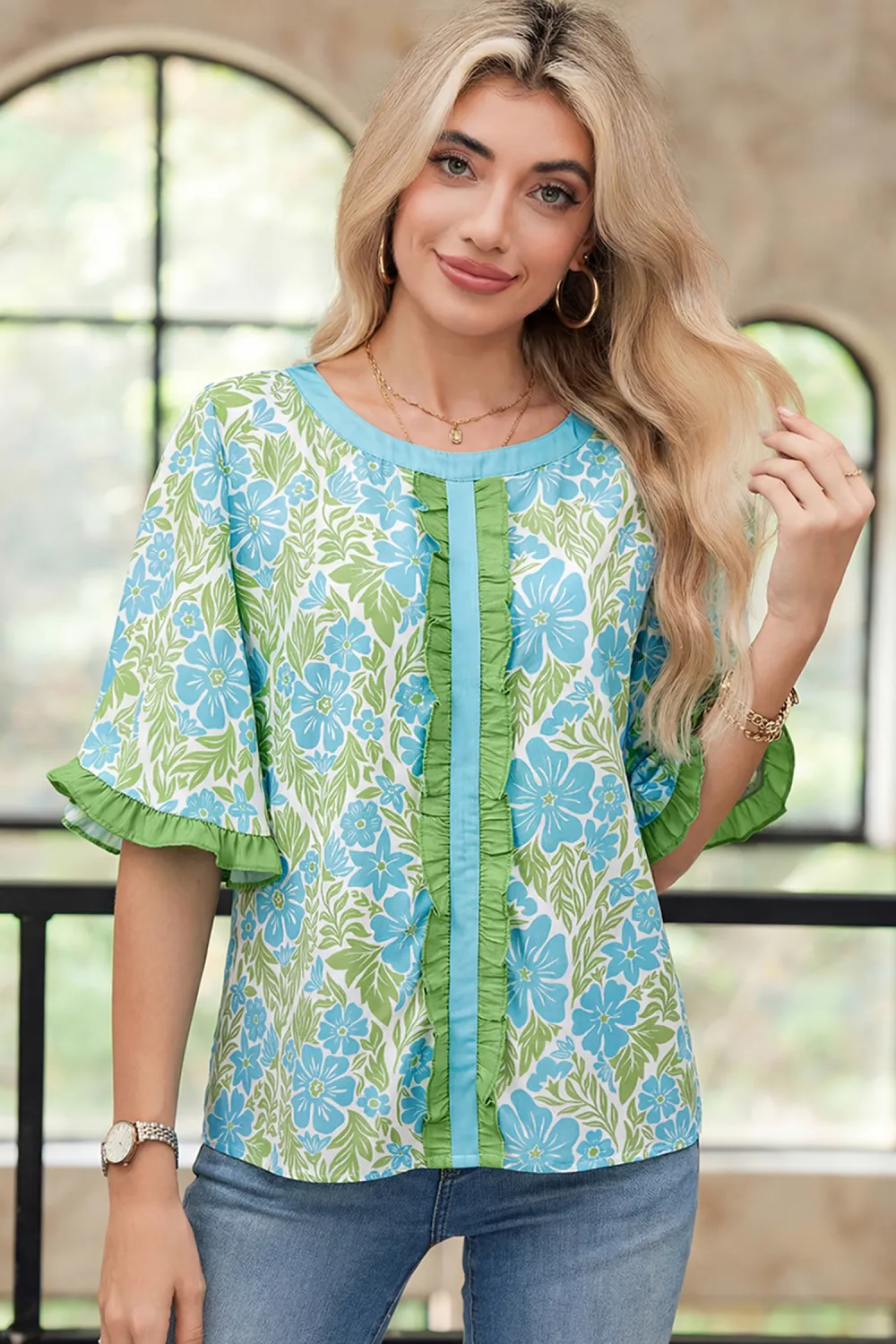 Sky Blue Floral Print Ruffled Blouse