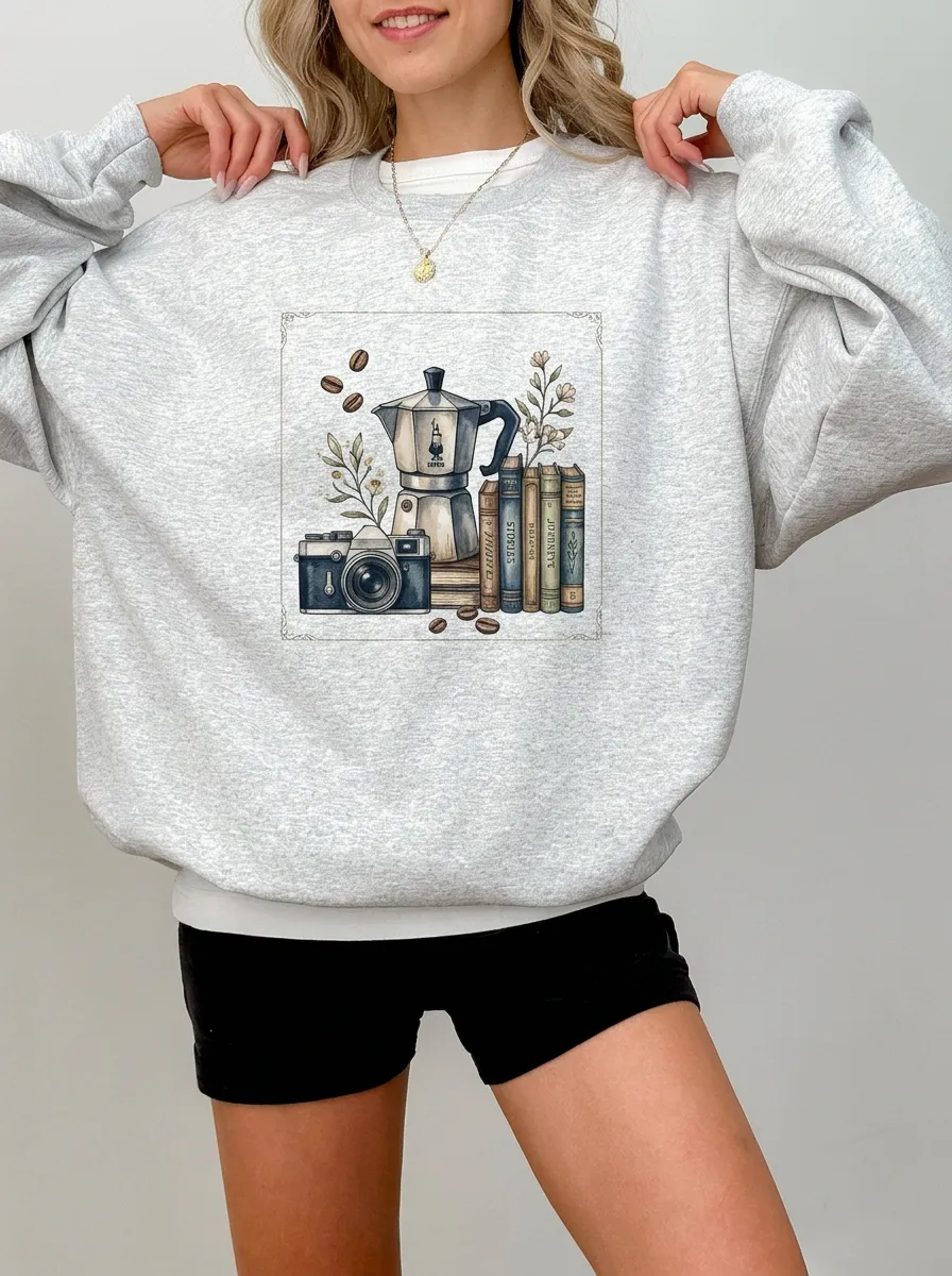 Women's Coffee Camera Books Printed Sweatshirt