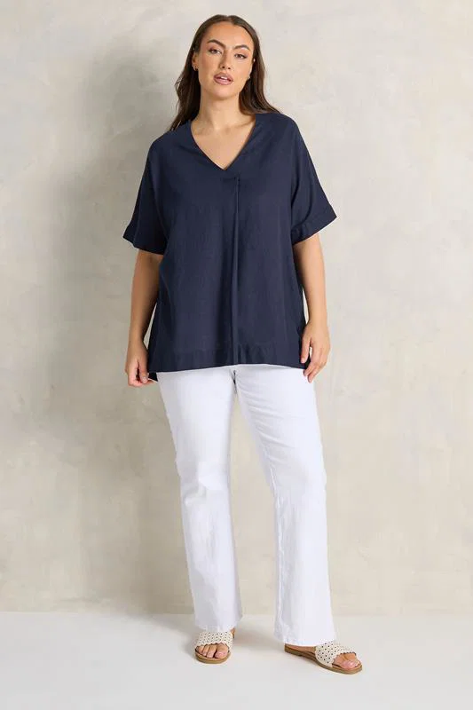 Navy Blue Premium Linen Front Pleat Top detail 2