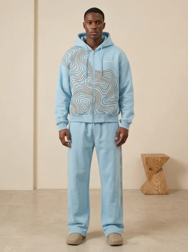 Men's Urban Streetwear Topographic Pattern Printed Hoodie Tracksuit