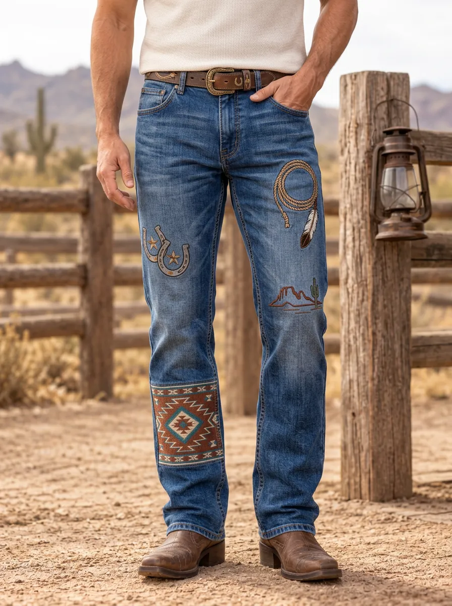 Men's Western Cowboy Horseshoe Horse Lasso Southwestern Jeans