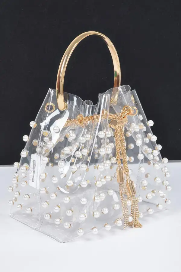 Clear Pearl Stud Bucket Bag with chain Tassle