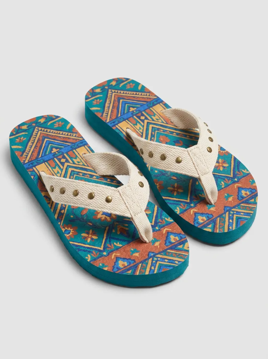 Women's Boho Geometric Floral Studded Printed Flip Flops