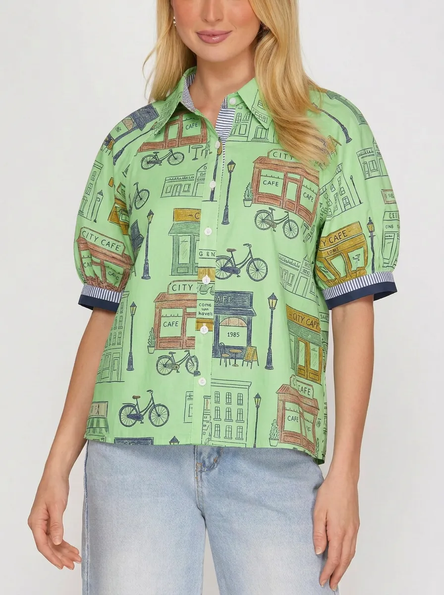 Women's City Cafe Bicycle Street Scene Printed Blouse