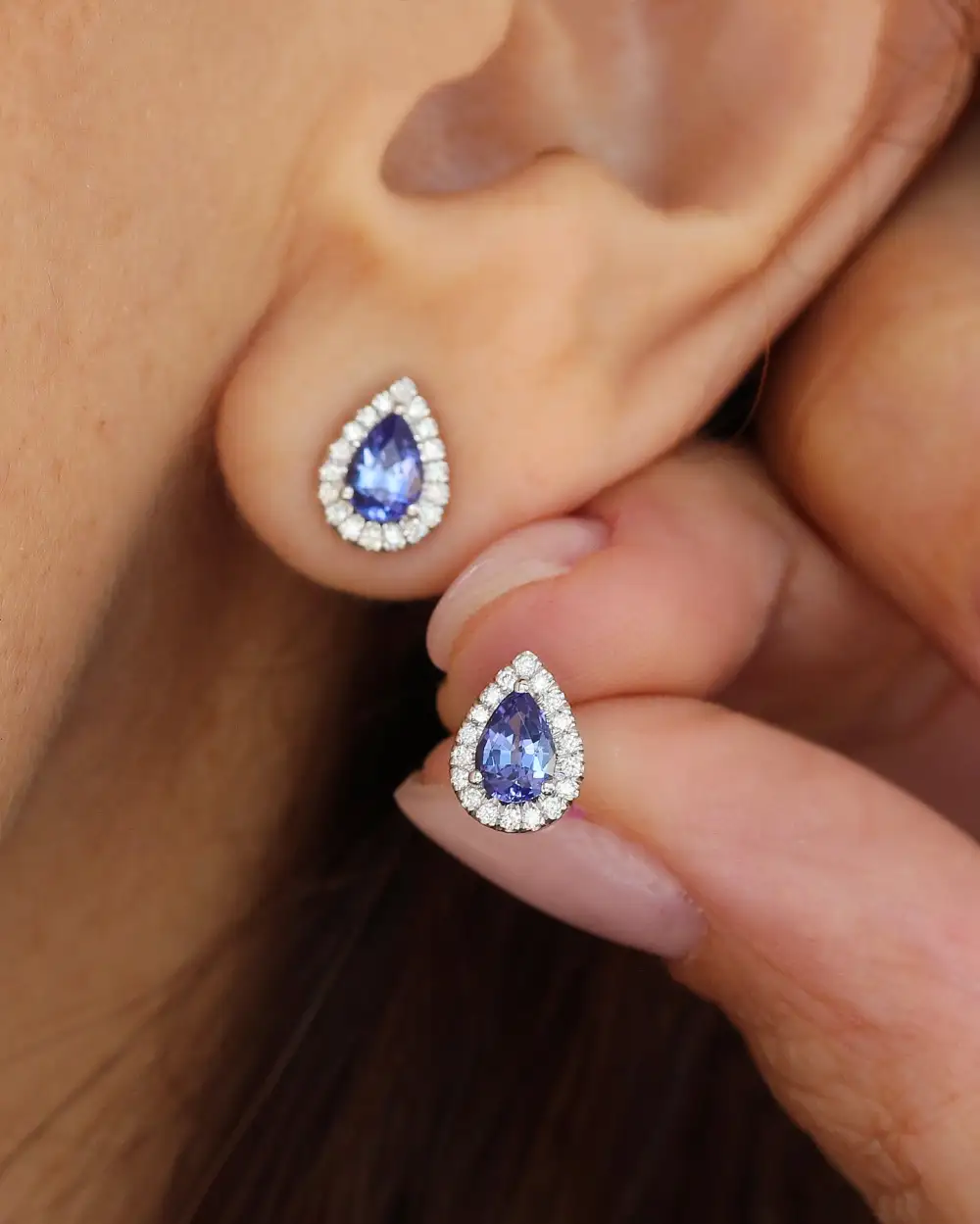 Pear Tanzanite Diamond Halo Stud Earrings