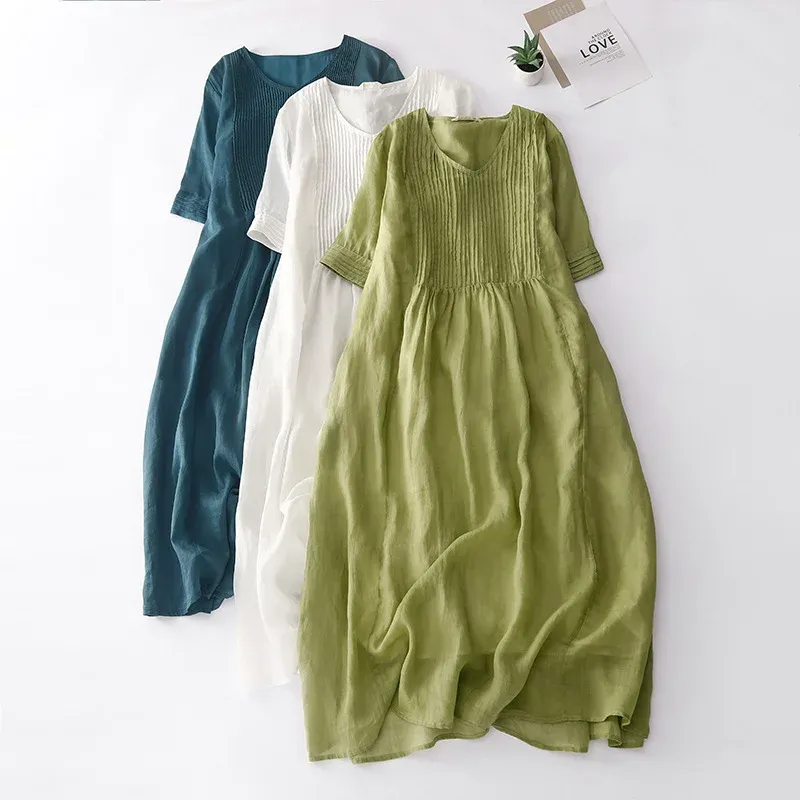 V-Neck Pleated Linen Blend Maxi Dress